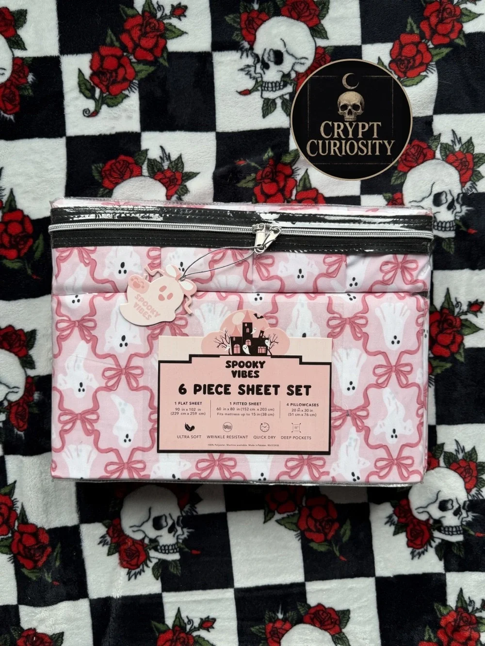 BRAND NEW HALLOWEEN COQUETTE PINK GHOST AND BOWS QUEEN 6 PIECE BED SHEET SET